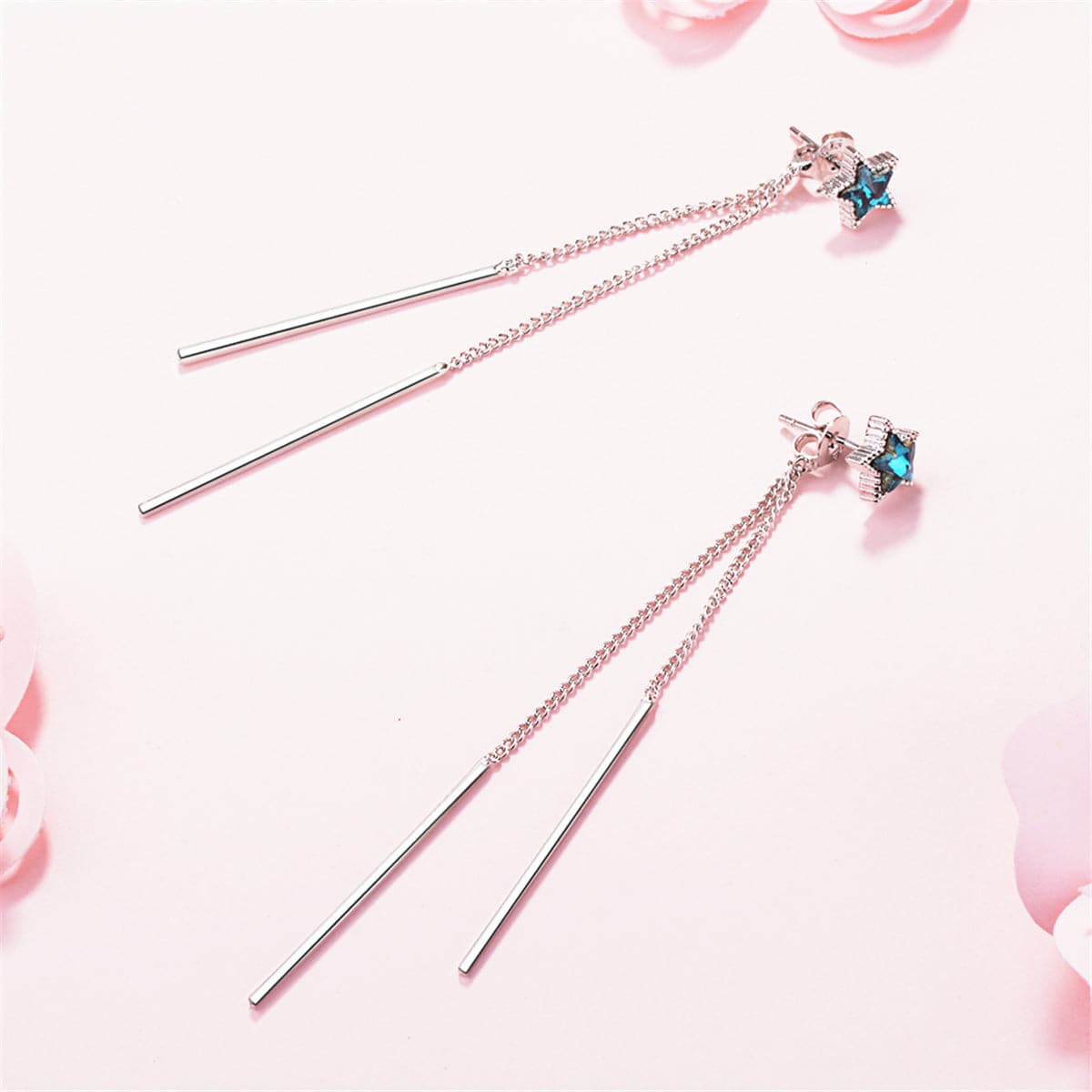 Blue Crystal & Silver-Plated Star & Tassel Drop Earrings - streetregion