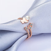 Cubic Zirconia & Pearl 18K Rose Gold-Plated Butterfly Split-Shank Open Ring