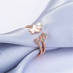 Cubic Zirconia & Pearl 18K Rose Gold-Plated Butterfly Split-Shank Open Ring