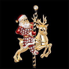 Cubic Zirconia & 18K Gold-Plated Santa Claus & Reindeer Brooch