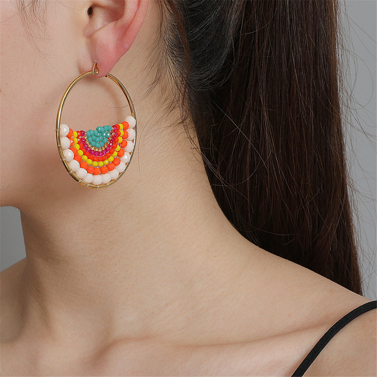 Red and Yellow Acrylic Bead Hoop Earrings, dainty minimalist design, lifestyle look