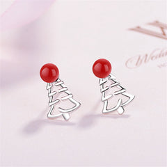 Red Pearl & Silver-Plated Tree Stud Earrings