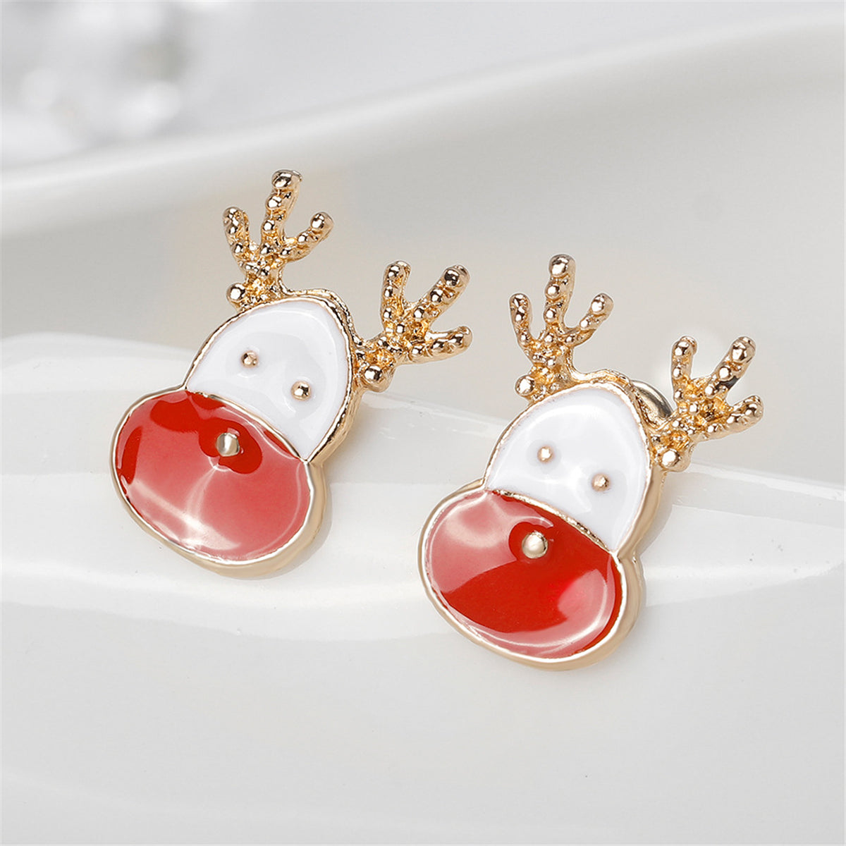 Red Enamel and 18K Gold-Plated Reindeer Face Stud Earrings, gold stud earrings for women, everyday style, styled look