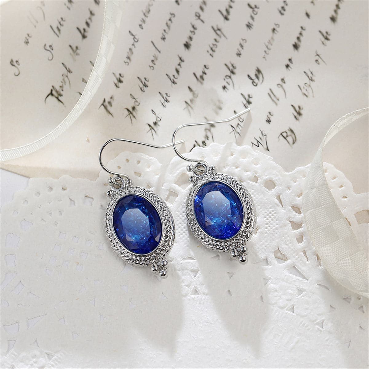 Blue Crystal & Silver-Plated Oval-Cut Drop Earrings - streetregion