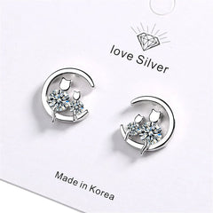 Cubic Zirconia & Silver-Plated Cat & Moon Stud Earrings