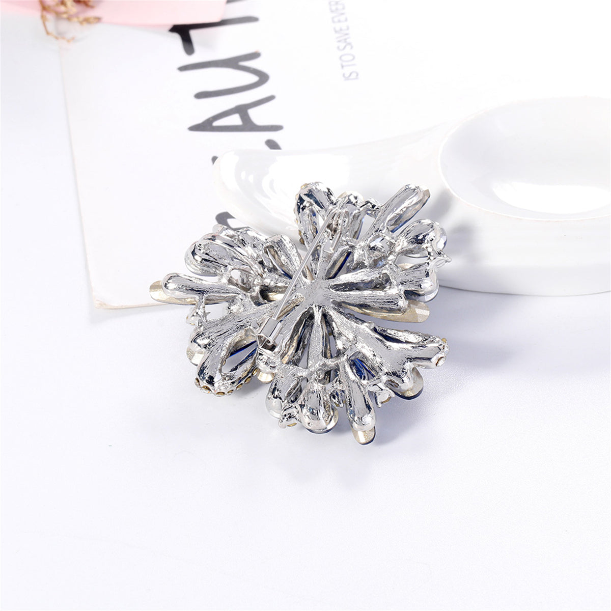 Pink and Multicolor Cubic Zirconia and Silver-Plated Flower Brooch, silver brooch pin, detail close-up