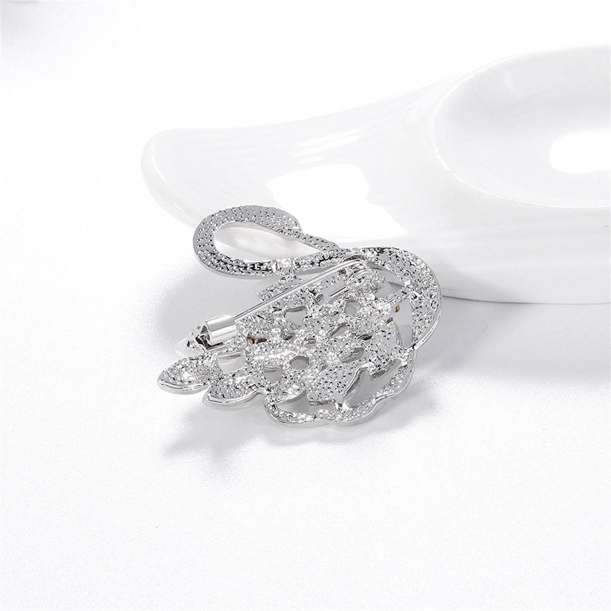 Clear Cubic Zirconia and Silver-Plated Goose Brooch, silver brooch pin, everyday style, lifestyle look