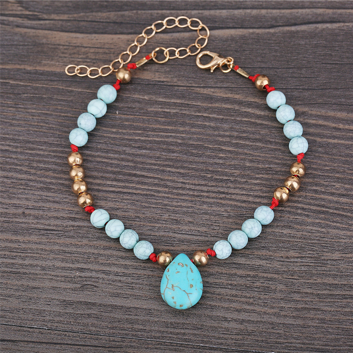 Teal Turquoise & 18K Gold-Plated Drop Beaded Charm Anklet
