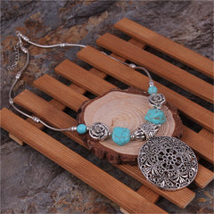Turquoise & Silver-Plated Floral Plate Pendant Necklace