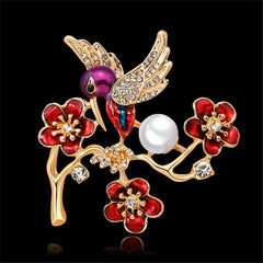 Cubic Zirconia & Pearl Enamel 18k Gold-Plated Bird Brooch