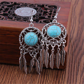 Turquoise & Silver-Plated Circle & Feather Drop Earrings