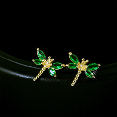 Green Crystal & 18K Gold-Plated Dragonfly Stud Earrings