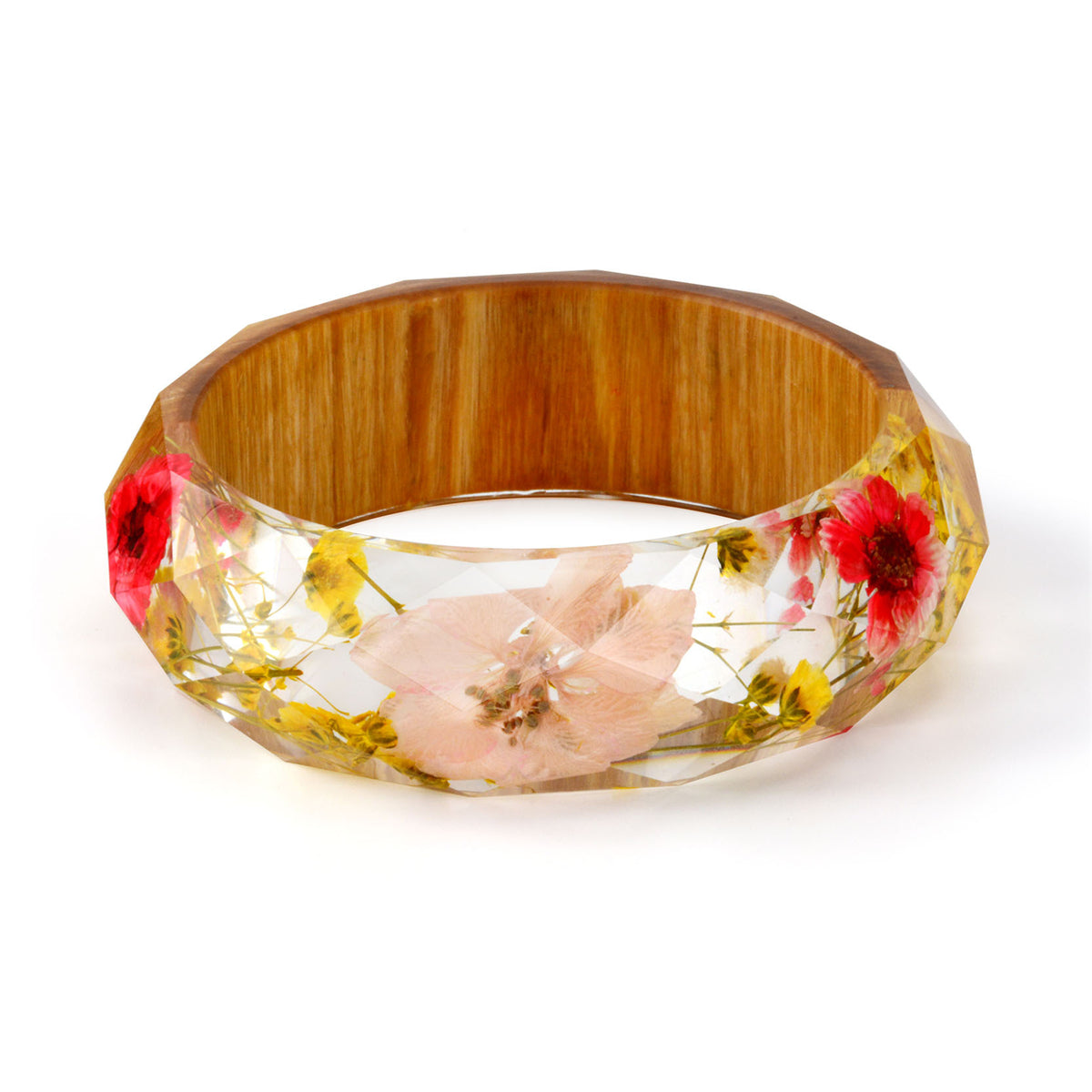 Pink and Yellow Dried Flower Wooden Bangle, bangle bracelet, botanical inspired, detail close-up