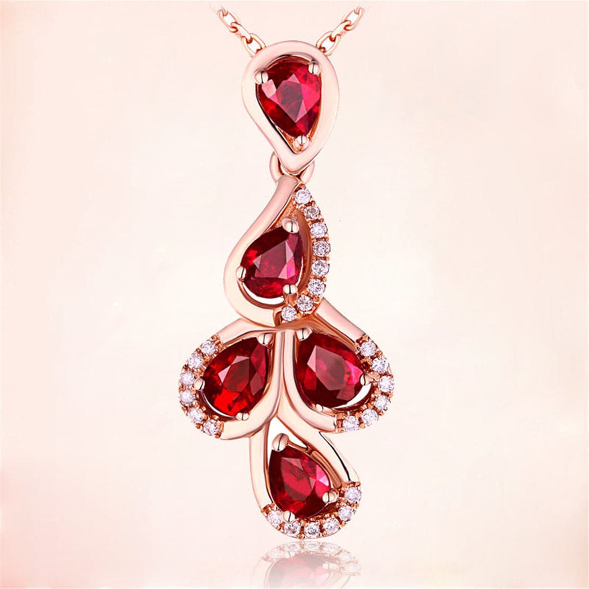 Red Crystal and Cubic Zirconia Multi-Teardrop Pendant Necklace, pendant necklace for women, detail close-up