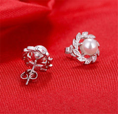 Imitation Pearl & cubic zirconia Leaf Halo Stud Earrings - streetregion