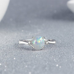 White Opal & Cubic Zirconia Oval-Cut Polished-Band Ring