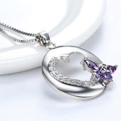Purple Crystal & Cubic Zirconia Heart Butterfly Pendant Necklace