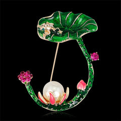 Cubic Zirconia & Pearl Enamel 18K Gold-Plated Lotus Brooch