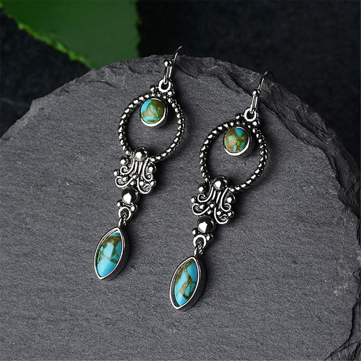 Turquoise & Silver-Plated Open Circle Drop Earrings