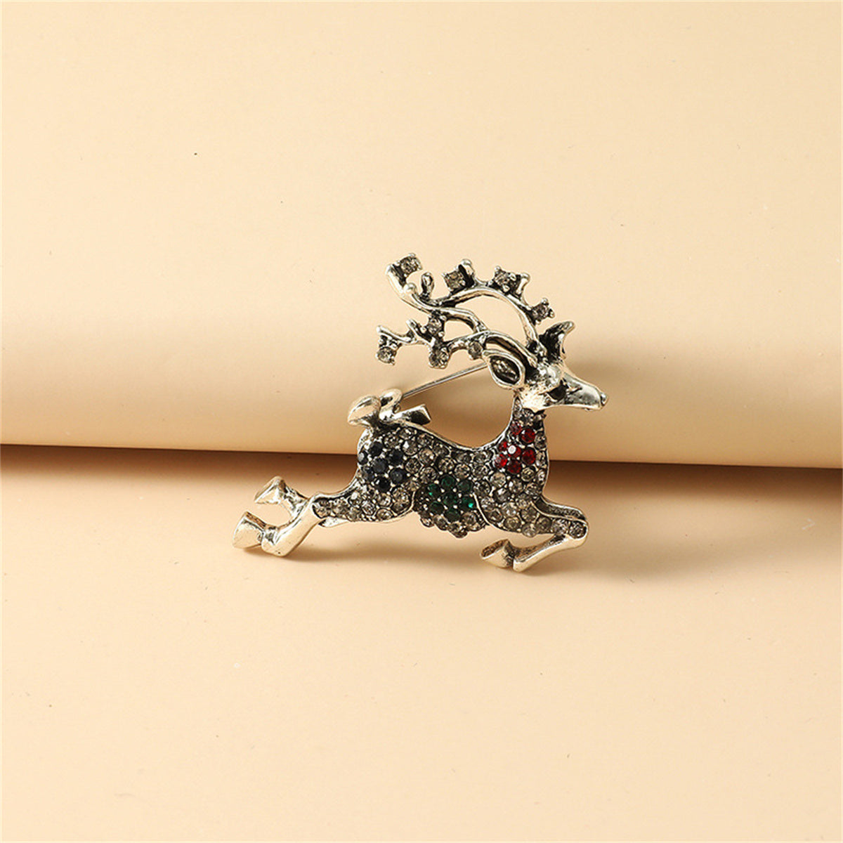 Cubic Zirconia and Silver-Plated Reindeer Brooch, silver brooch pin, botanical inspired, detail close-up