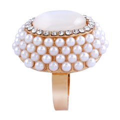 White Cats Eye & Pearl 18k Gold-Plated Floral Ring