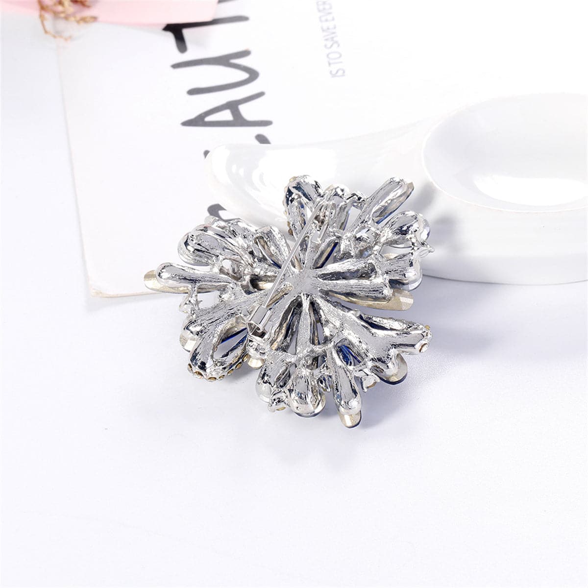 Blue Crystal and Silver-Plated Floral Brooch, silver brooch pin, elegant gift for her, detail close-up