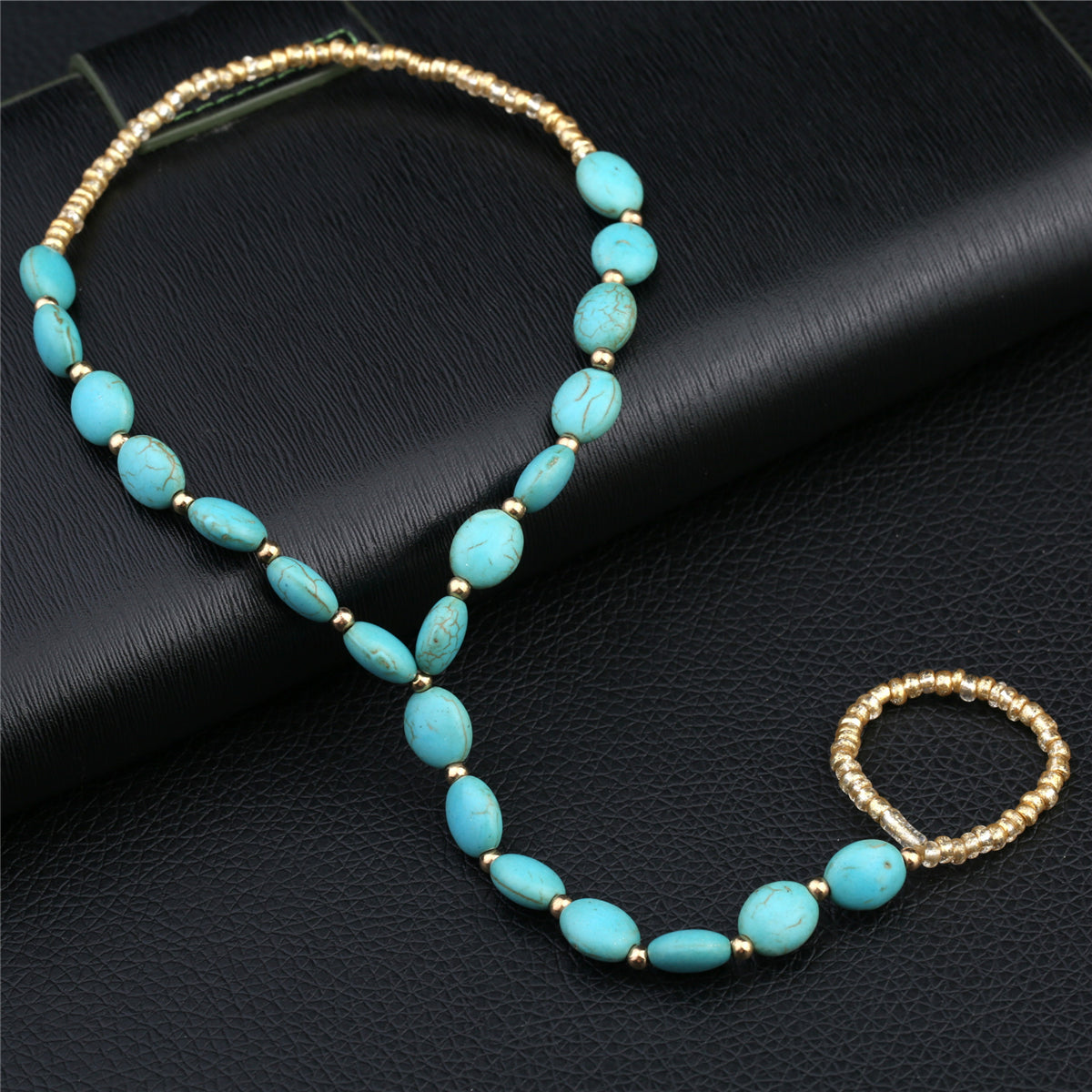 Teal Turquoise & 18K Gold-Plated Ankle-To-Toe Ring Anklet