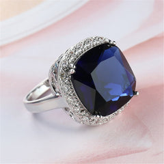 Navy Crystal & Cubic Zirconia Silver-Plated Halo Cushion-Cut Ring