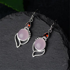Pink Cat's Eye & Red Crystal Silver-Plated Drop Earrings