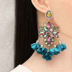 Aqua & Pink Crystal Iridescent Flower Tassel Drop Earrings