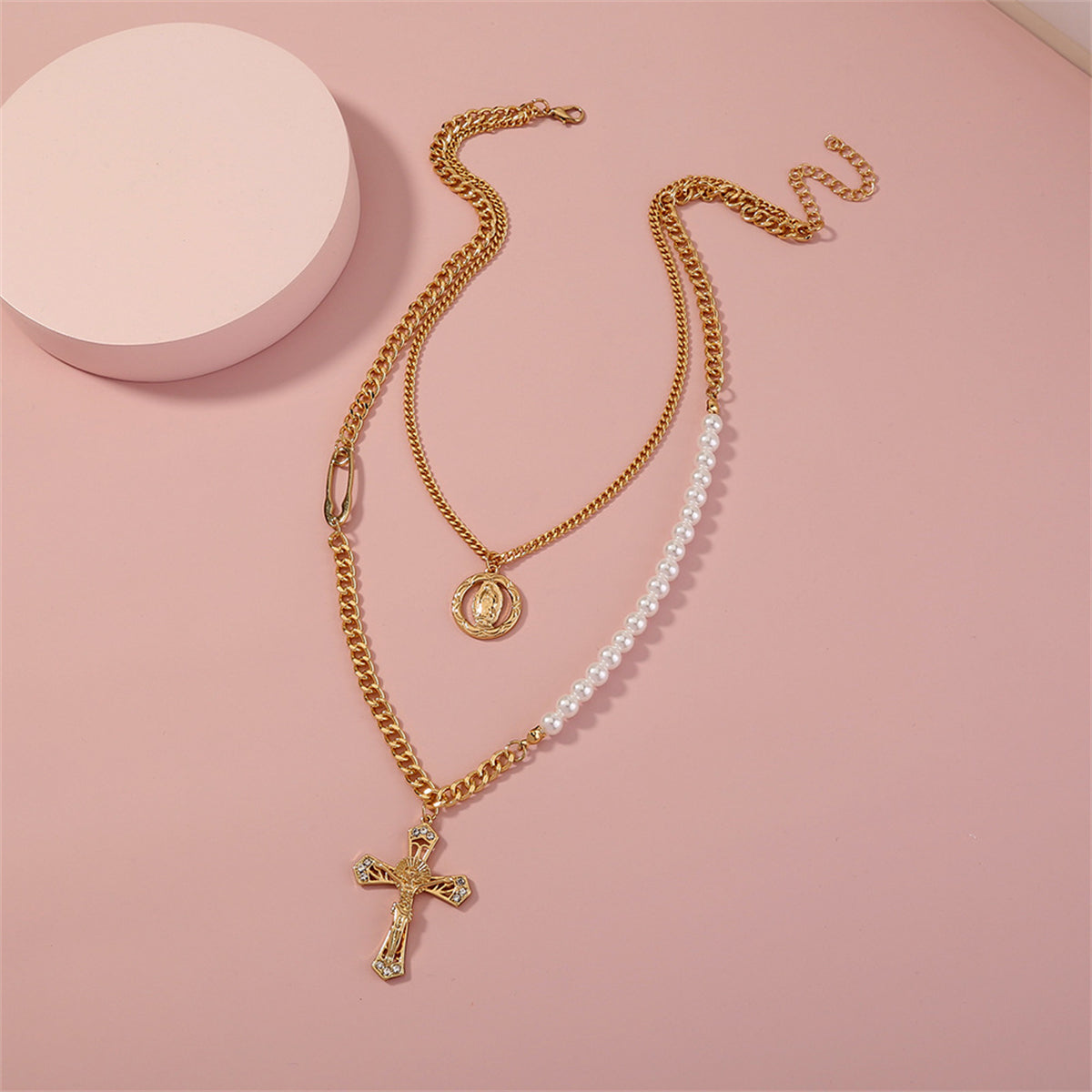 Cubic Zirconia & Pearl 18K Gold-Plated Cross Layered Necklace