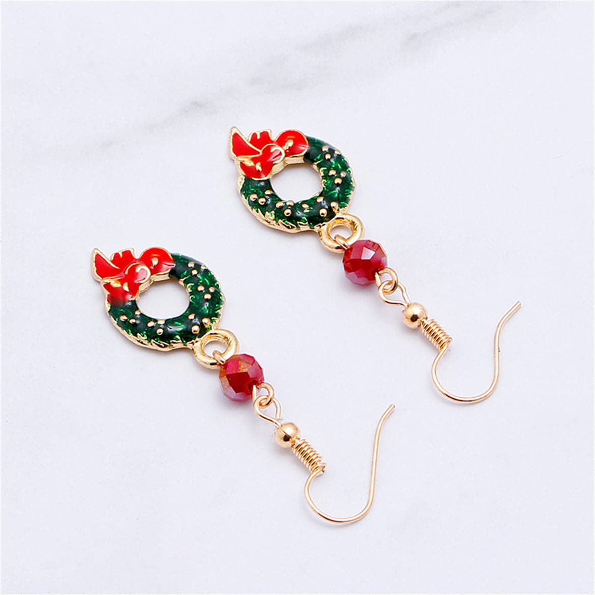 Green and Pink Enamel 18K Gold-Plated Bow Wreath Drop Earrings, gold drop earrings for women, detail close-up