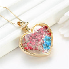 Blue & 18K Gold-Plated Pressed Flower Heart Pendant Necklace