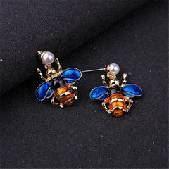 Pearl & Blue Enamel 18K Gold-Plated Bee Drop Earrings