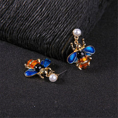 Pearl & Blue Enamel 18K Gold-Plated Bee Drop Earrings
