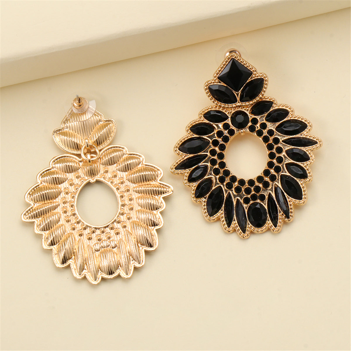 Black Crystal and Cubic Zirconia Geometric Drop Earrings, drop earrings for women, vintage-inspired design, styled look
