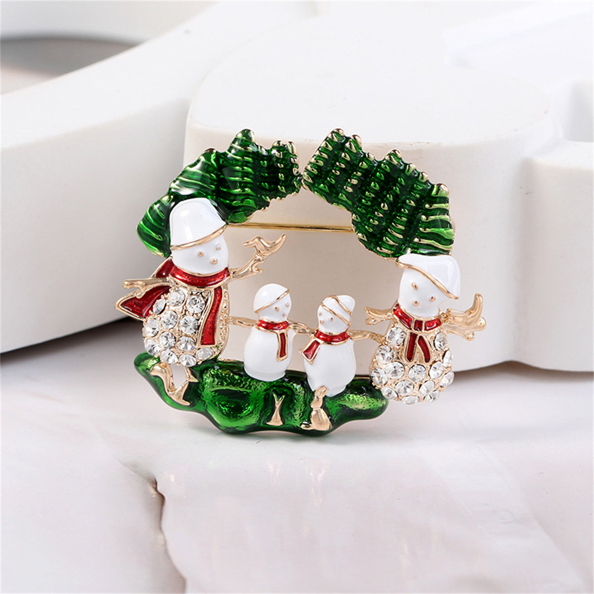 Cubic Zirconia and Green Snowman Family Brooch, brooch pin, botanical inspired, lifestyle look