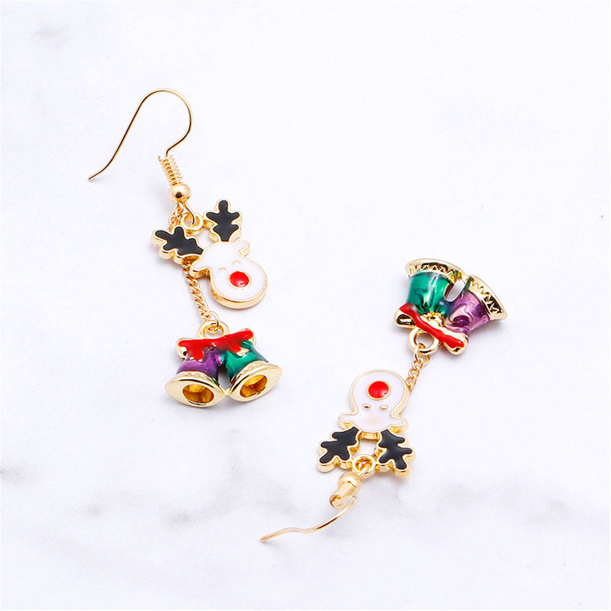Red Enamel and 18K Gold-Plated Bell and Reindeer Drop Earrings, gold drop earrings for women, detail close-up