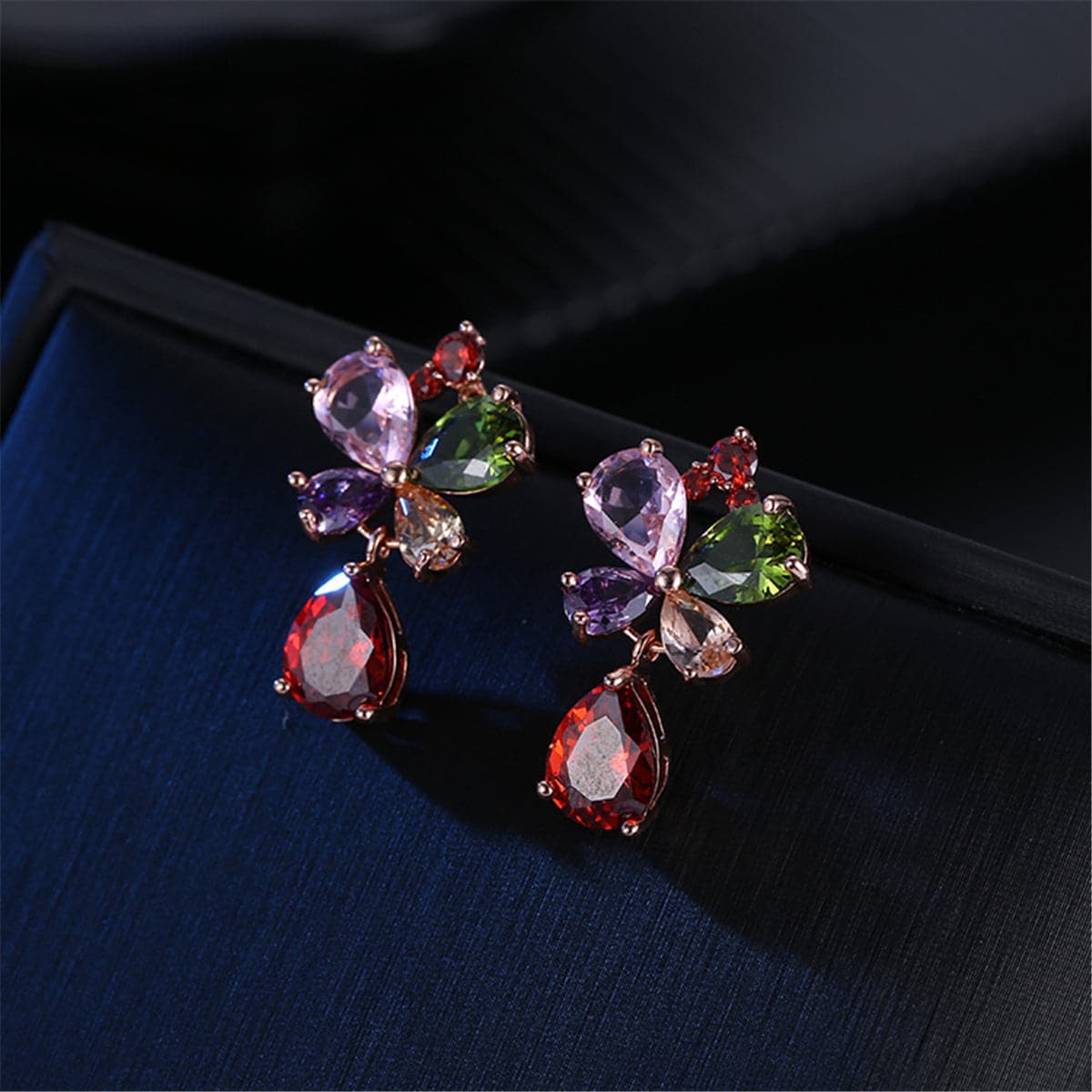 cubic zirconia & 18k Rose Gold-Plated Butterfly Teardrop Earrings - streetregion