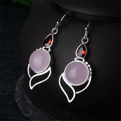 Pink Cat's Eye & Red Crystal Silver-Plated Drop Earrings