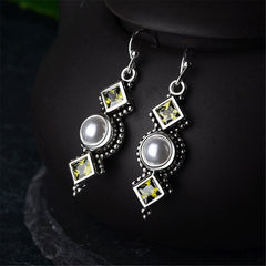 Green Crystal & Imitation Pearl Square Drop Earrings - streetregion