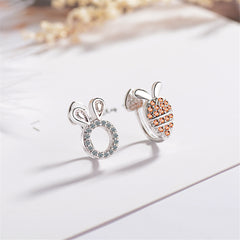 Orange Cubic Zirconia & Silver-Plated Radish Rabbit Asymmetrical Stud Earrings