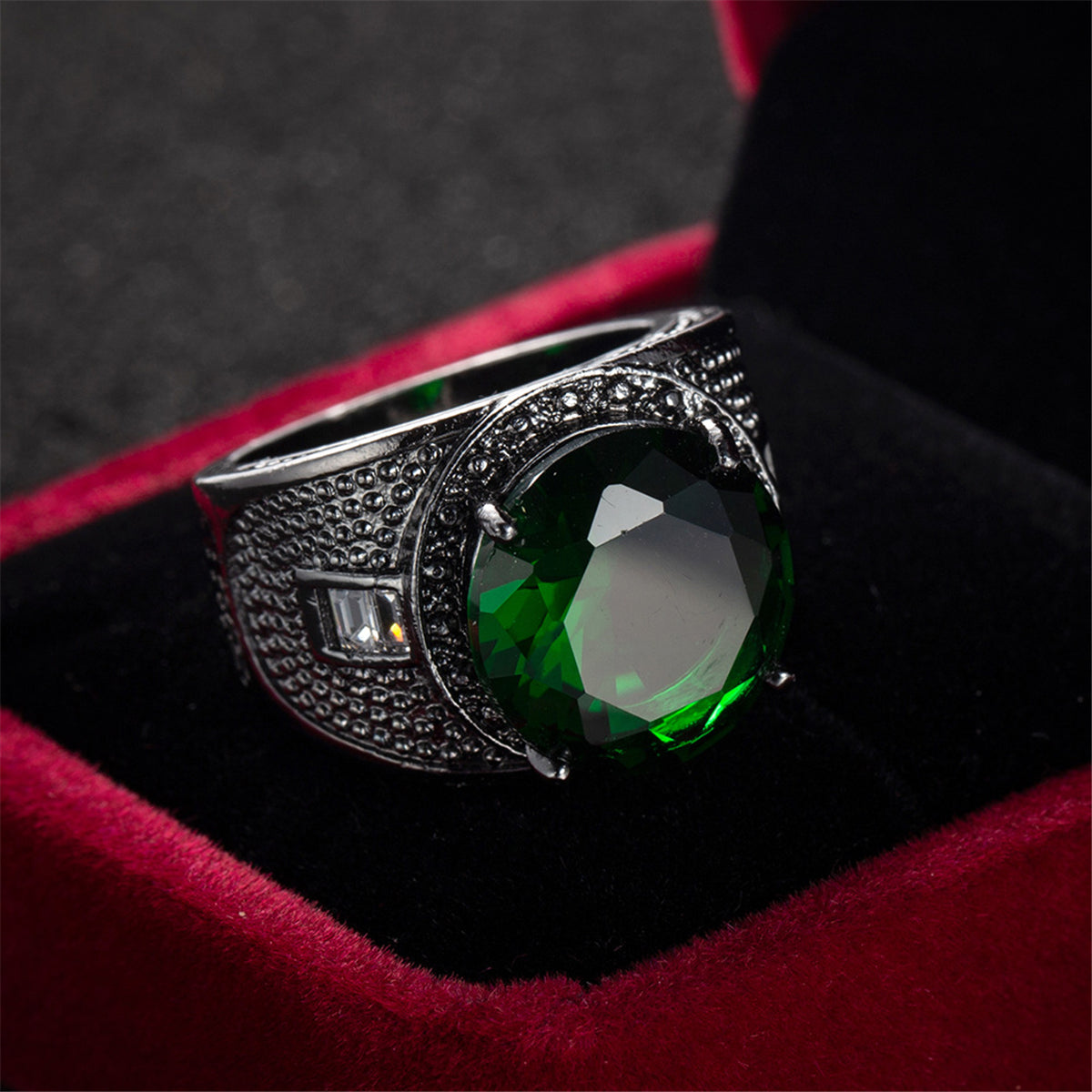 Green Crystal and Black-Tone Wide Ring, statement rings for women, everyday style, styled look