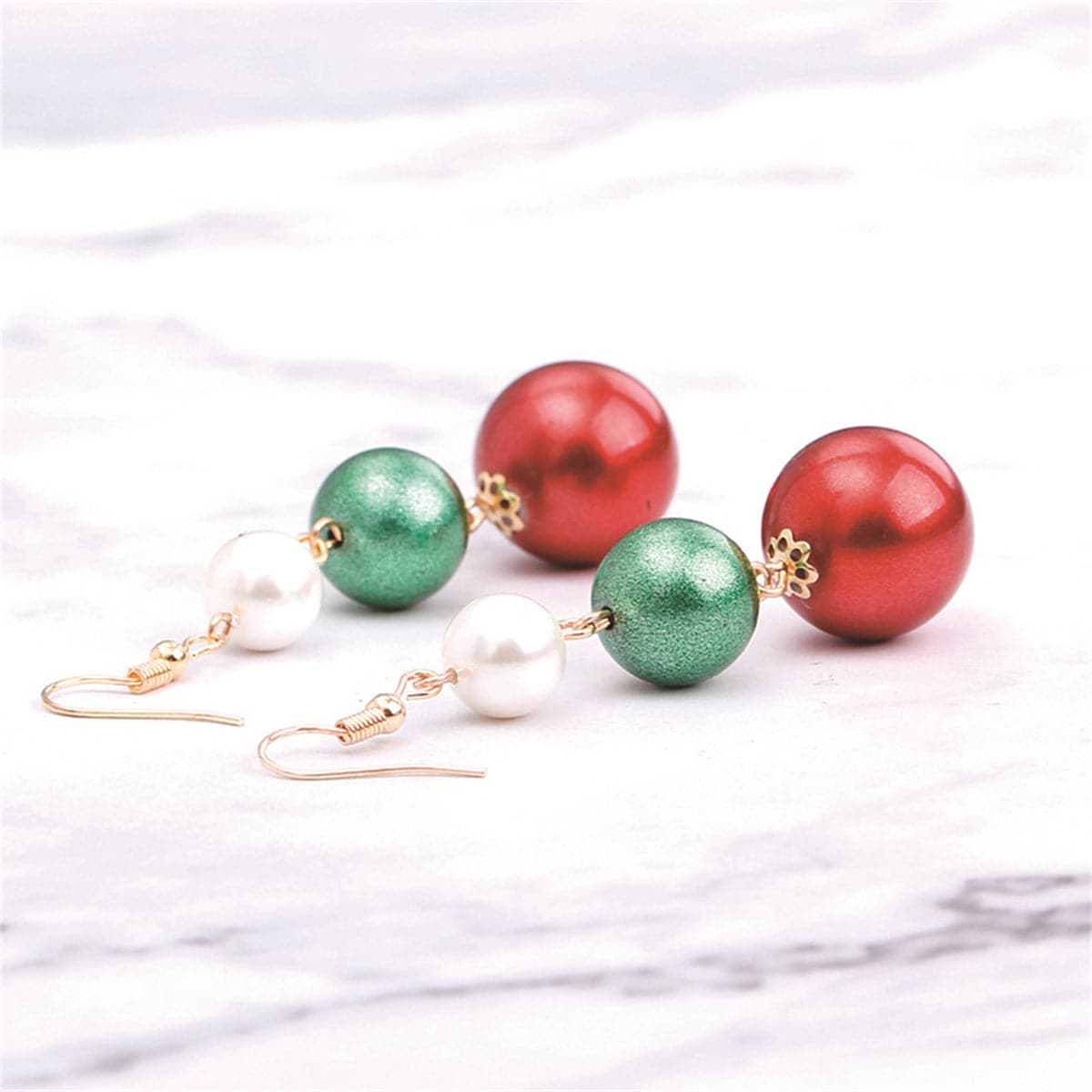 Red Acrylic and Pearl Linked Ball Drop Earrings, drop earrings for women, vintage-inspired design, side view