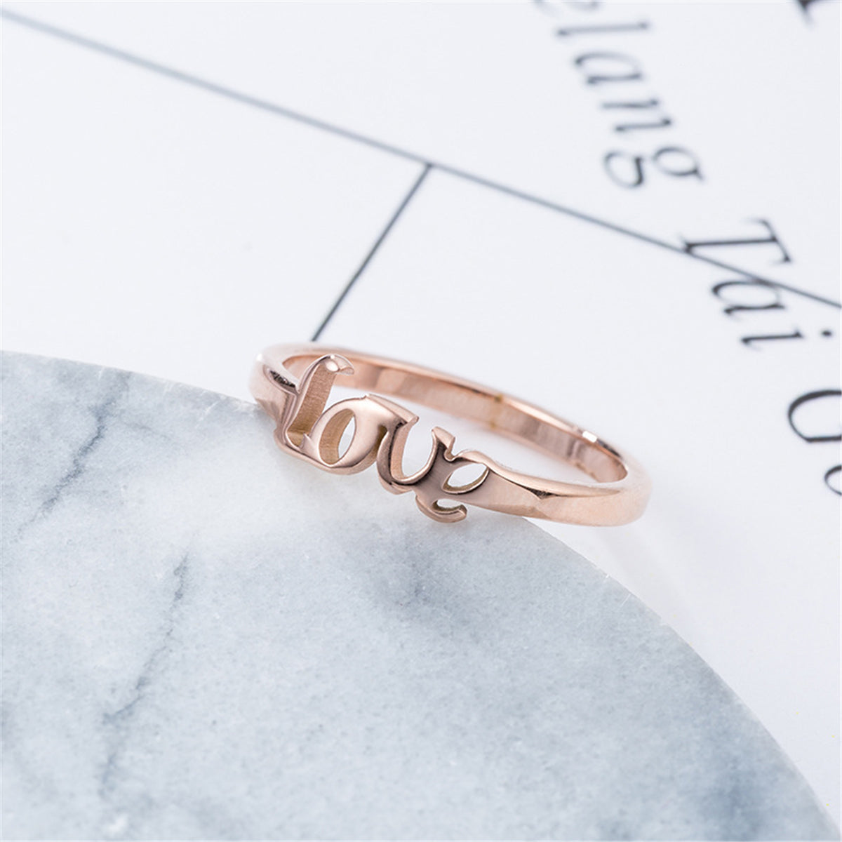 18K Rose Gold-Plated 'Love' Band, rose gold statement rings for women, vintage-inspired design, styled look