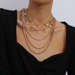 Cubic Zirconia & 18K Gold-Plated Butterfly Layered Station Necklace