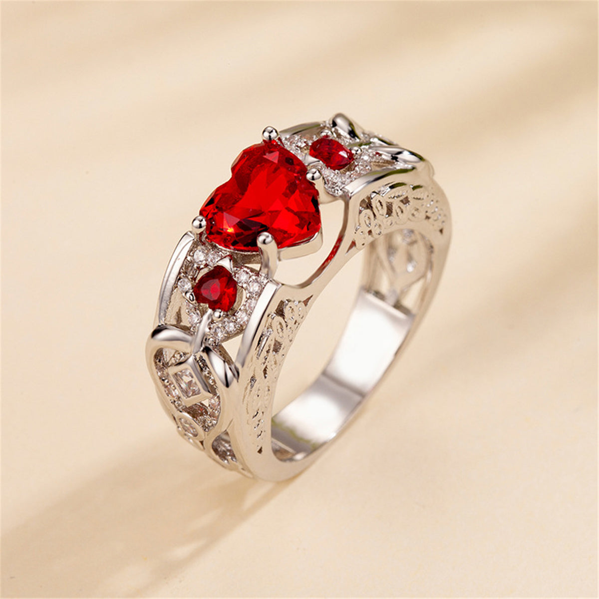 Red Crystal and Cubic Zirconia Heart Ring, statement rings for women, botanical inspired, lifestyle look