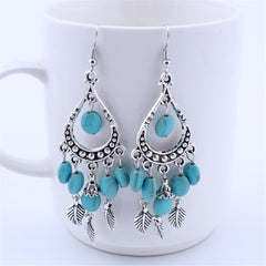 Turquoise & Silver-Plated Feather Teardrop Earrings