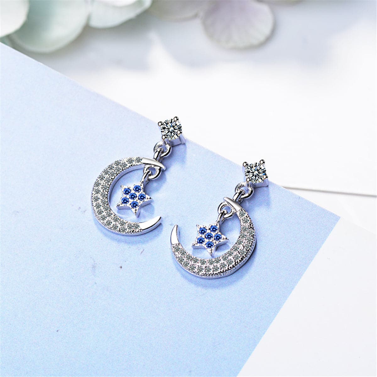cubic zirconia & Silver-Plated Blue Star & Crescent Drop Earrings - streetregion