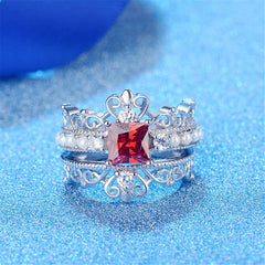 Red Crystal & Pearl Silver-Plated Crown Ring Set